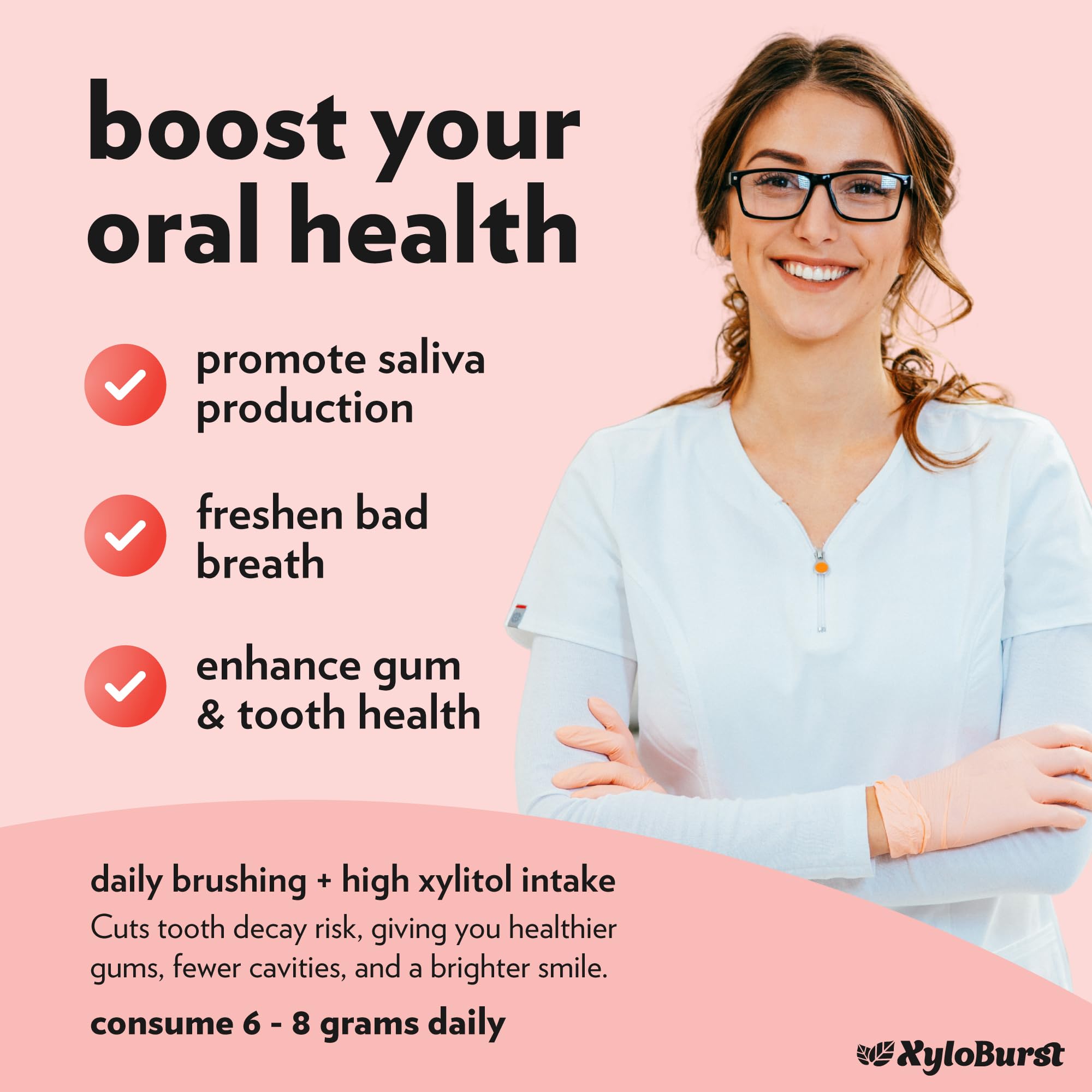 Xyloburst bolsa abierta con pastillas en primer plano, fácil acceso para llevar