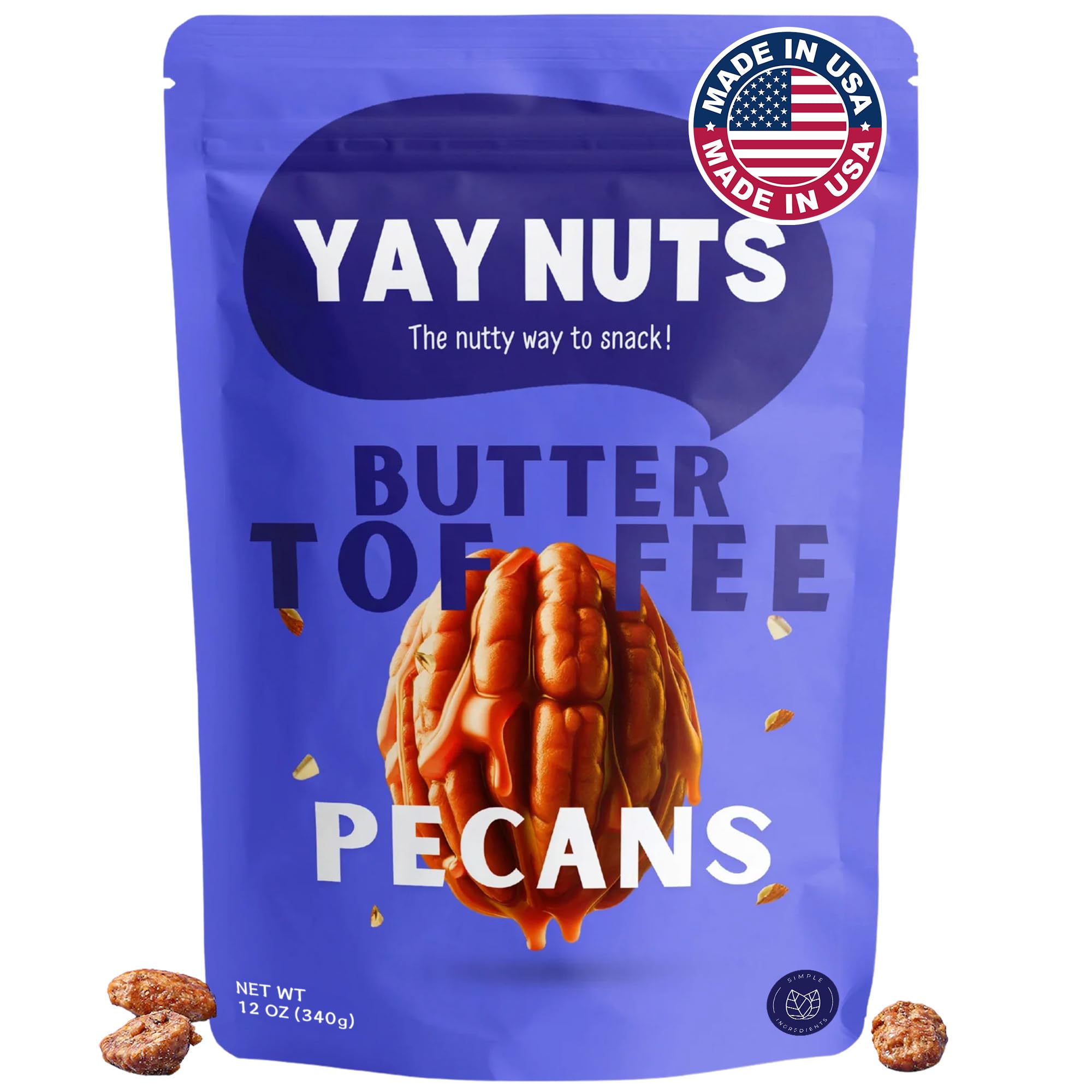 YAY NUTS bolsa frontal con pecanas toffee, apariencia premium y atractivo visual