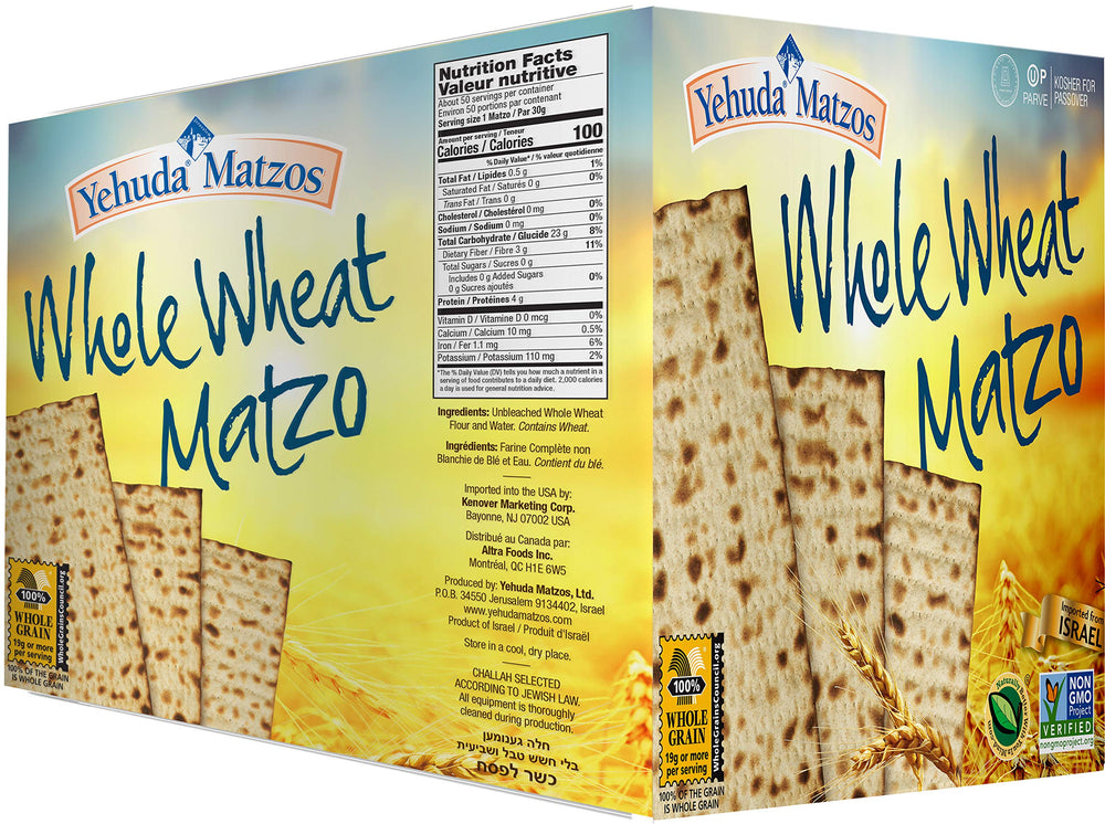 Yehuda matzo empaque frontal mostrando paquete de 5 y beneficios de calidad