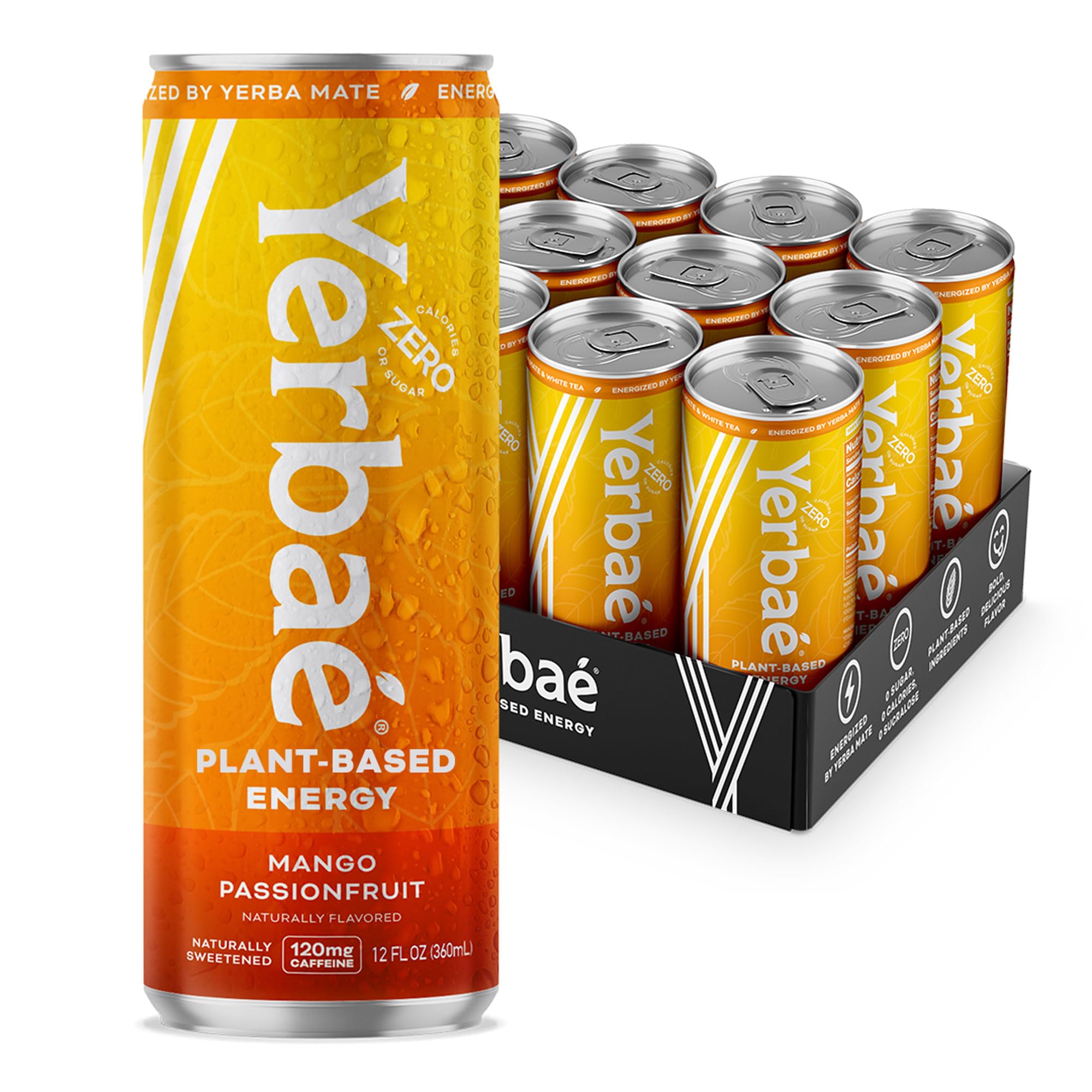 YERBAÉ lata Mango Passion Fruit vista frontal con diseño vibrante y beneficio energizante