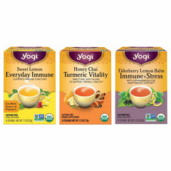 Yogi frente del empaque mostrando el pack de tres cajas y beneficios