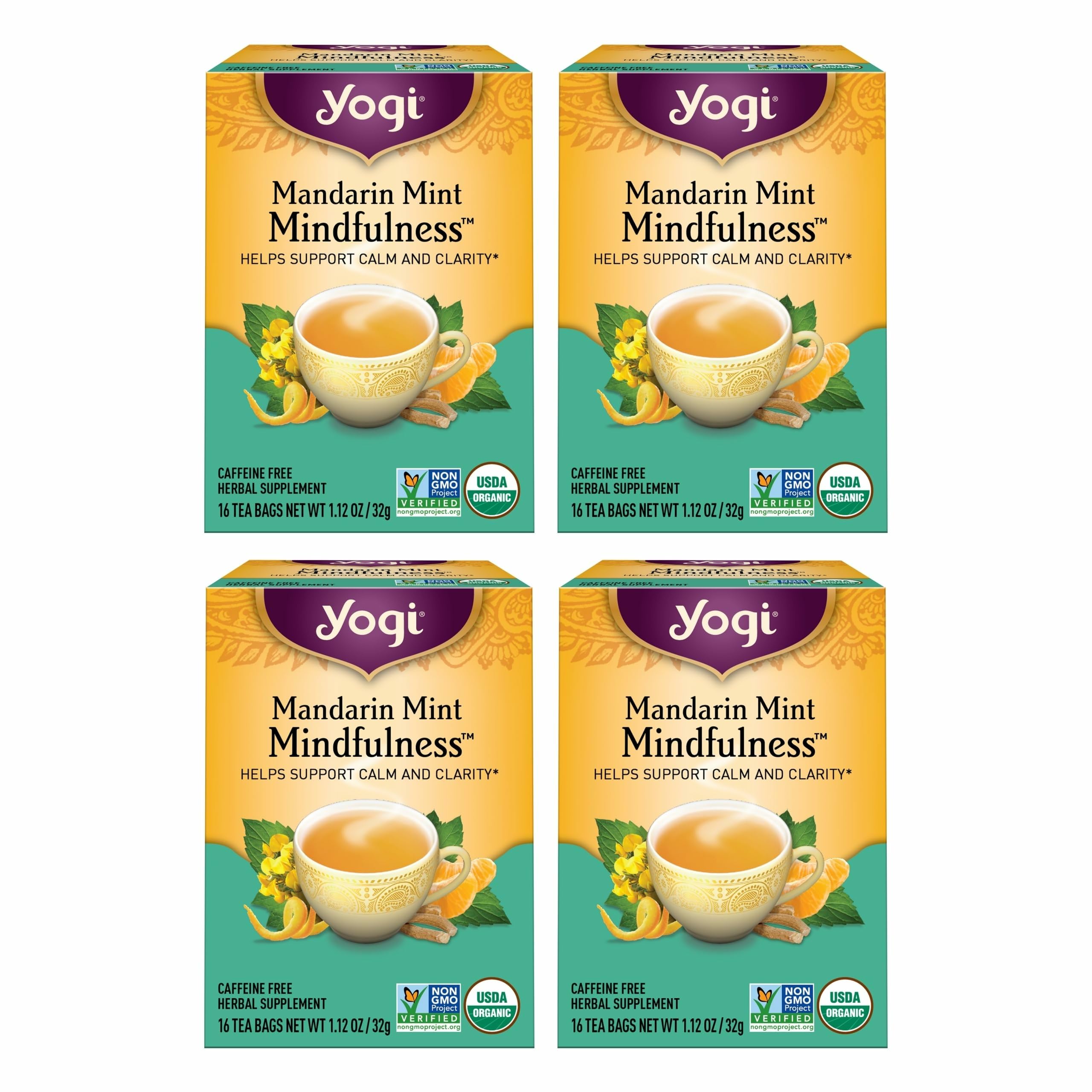 Yogi mandarin mint packaging frontal mostrando diseño y beneficios