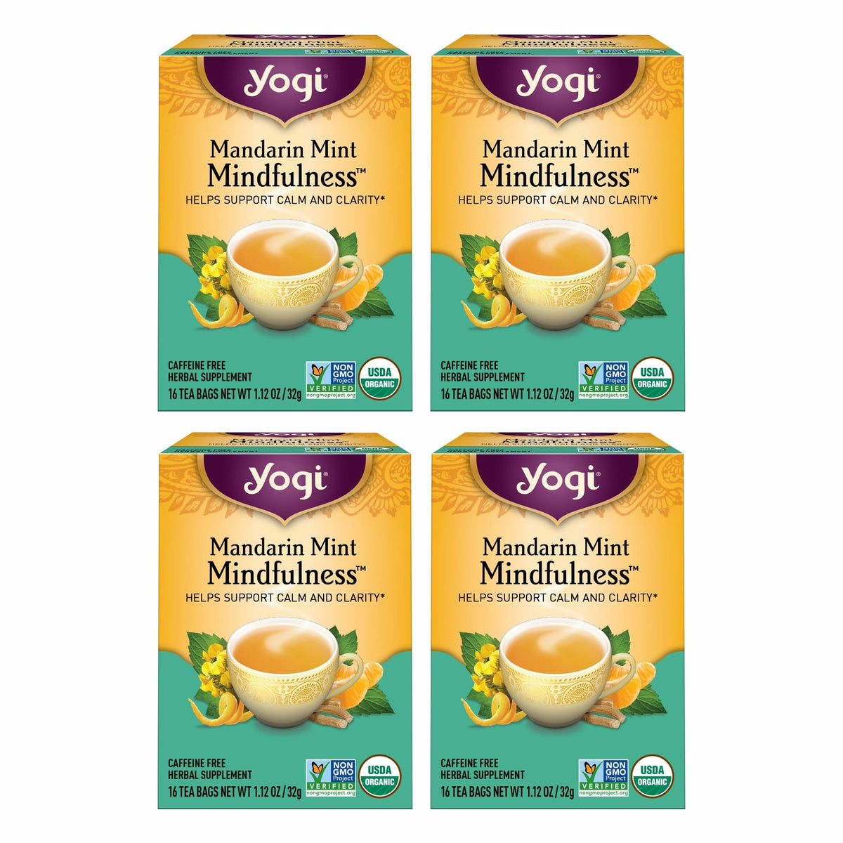 Yogi mandarin mint packaging frontal mostrando diseño y beneficios