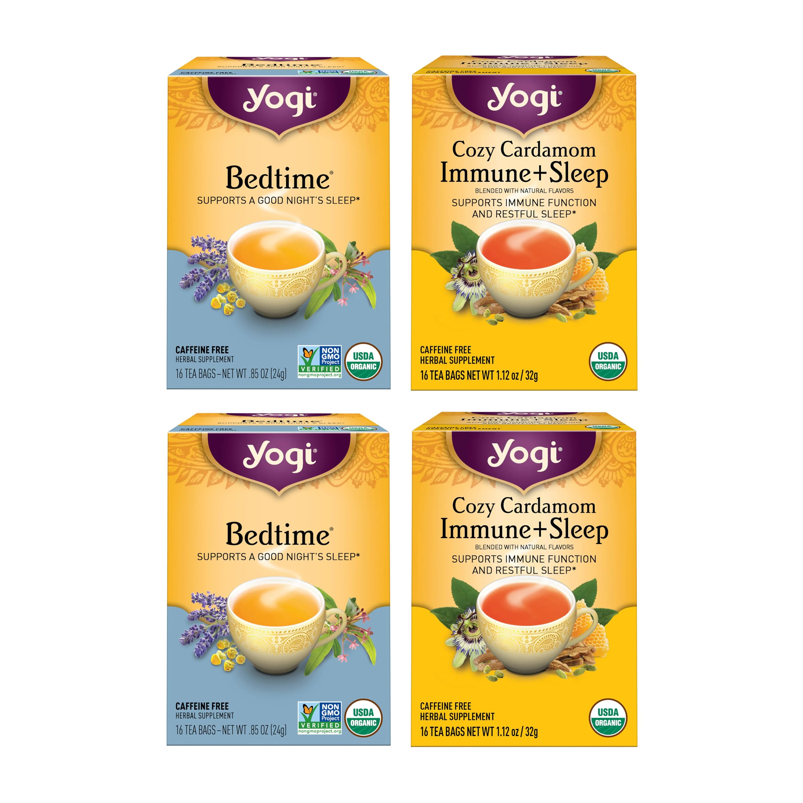 Yogi pack frontal mostrando cajas Cold Season y Bedtime, reconfortante y orgánico