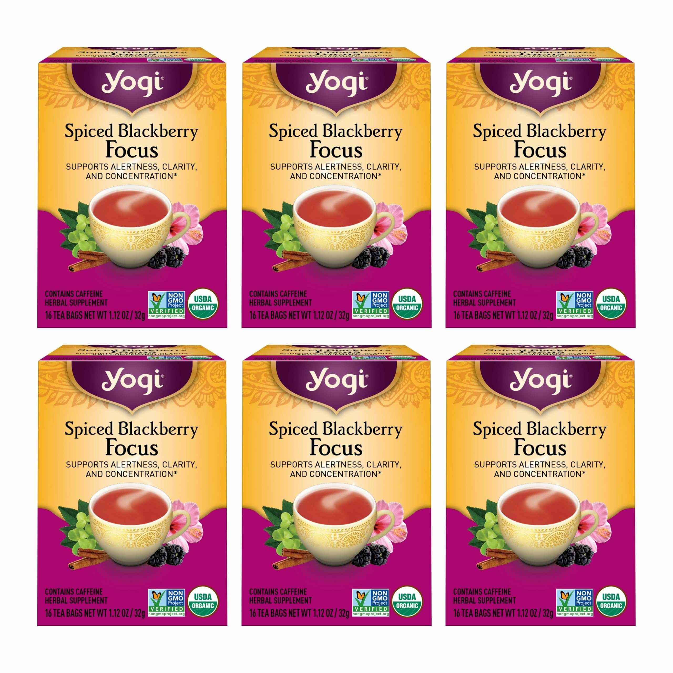 Yogi frontal del paquete Spiced Blackberry mostrando diseño y certificaciones orgánicas