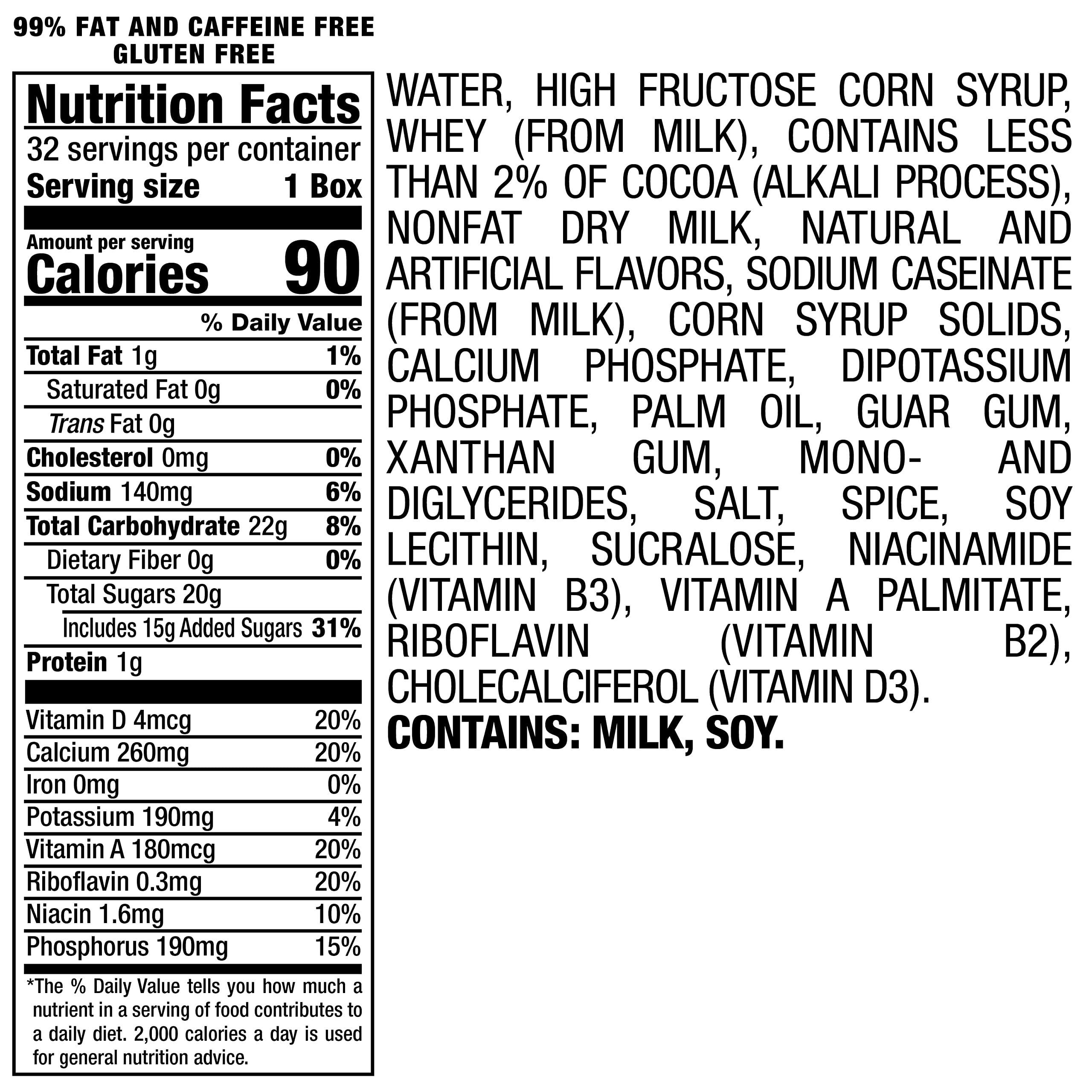 Yoo-hoo detalle de la etiqueta y tabla nutricional para ver ingredientes