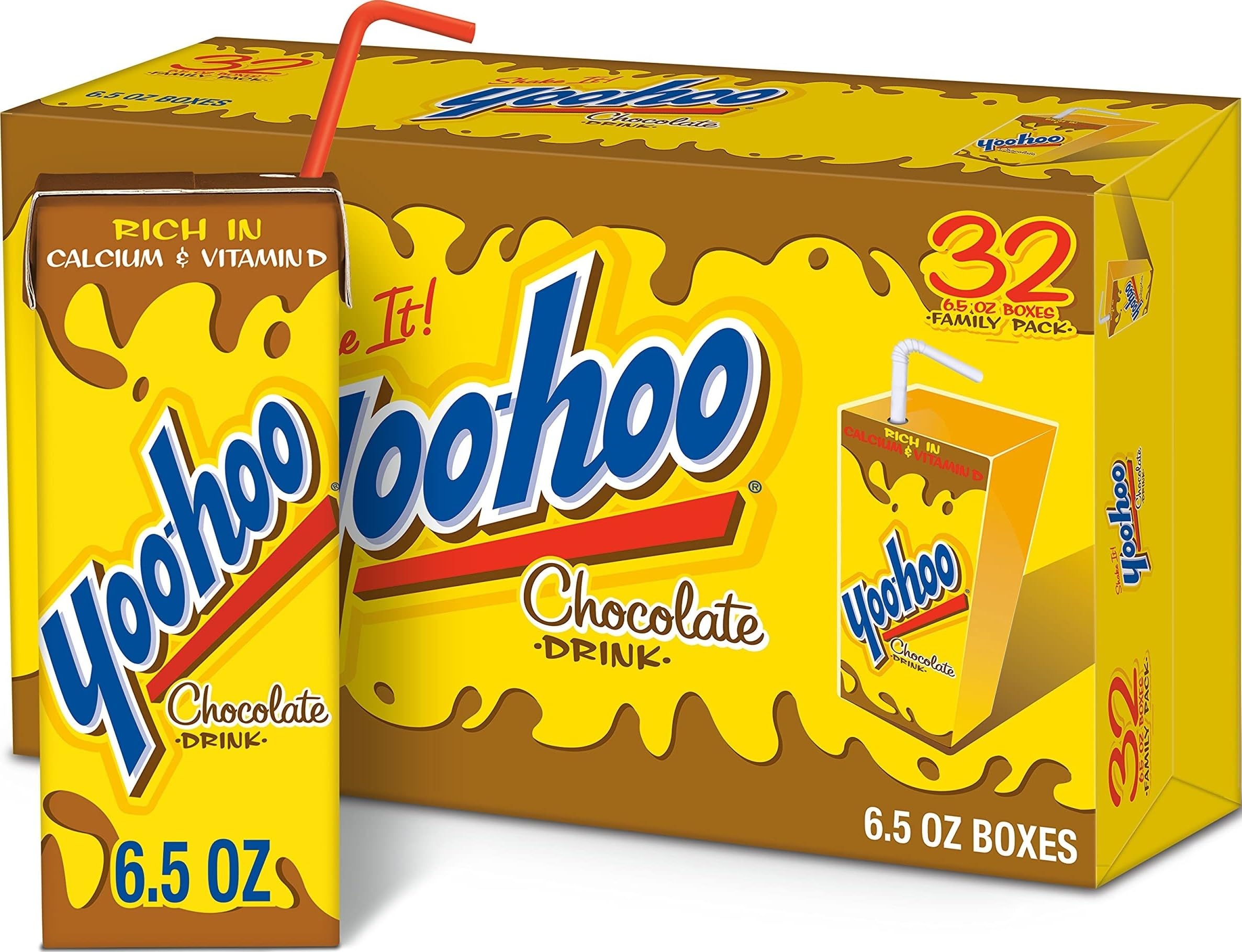 Yoo-hoo frente del paquete de 32 cajas mostrando presentación práctica