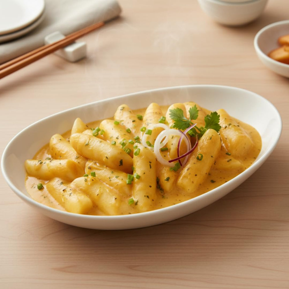 Yopokki detalle de salsa cebolla mantequilla resaltando cremosidad y sabor