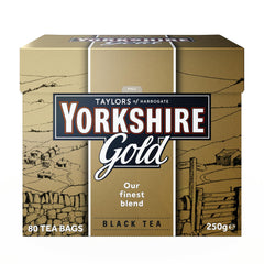 Yorkshire Tea frontal del paquete mostrando 80 bolsitas y aspecto premium