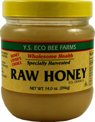 YS Eco Bee Farms frasco delantero mostrando etiqueta y beneficio de pureza
