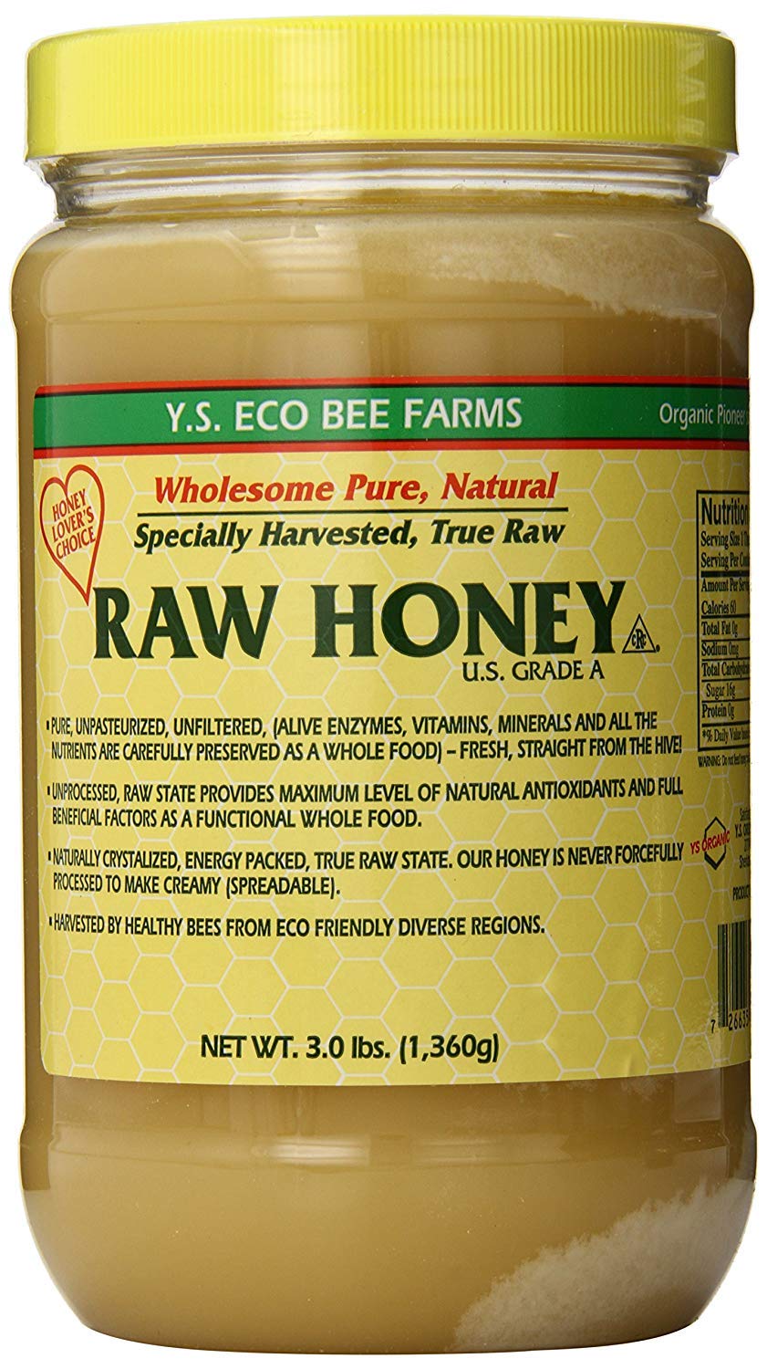 YS Eco Bee Farms frasco frontal 3 lb muestra envase y etiqueta clara