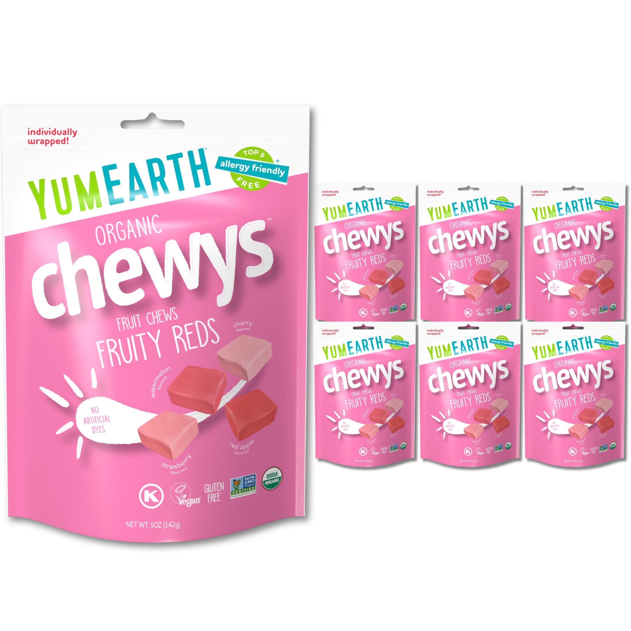 YumEarth bolsa frente mostrando diseño y beneficios orgánicos