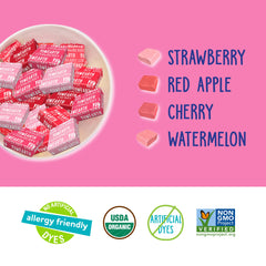 YumEarth variedad de sabores Fruity Reds en montaje atractivo