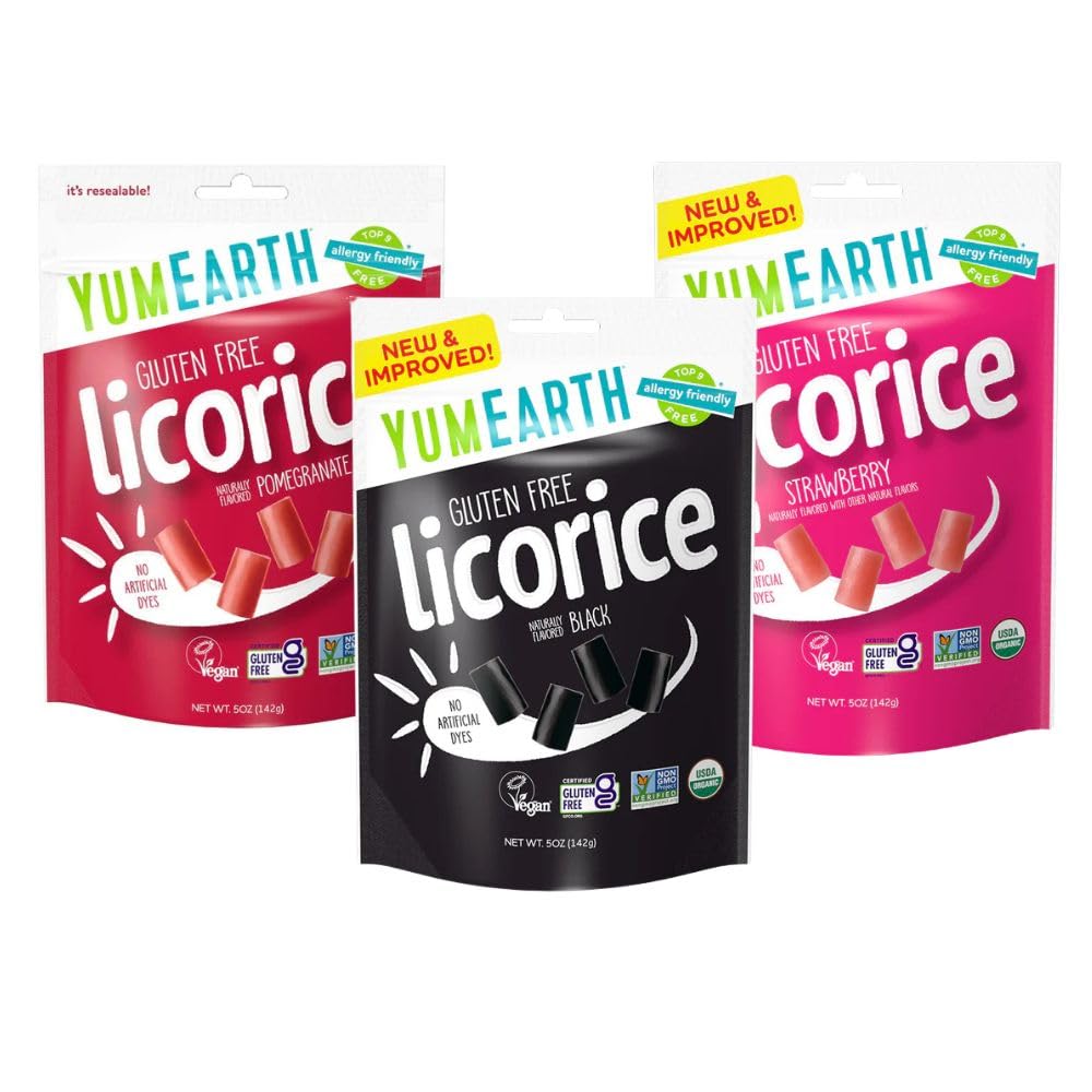 YumEarth frente del paquete variedad regaliz, muestra sabores y beneficios