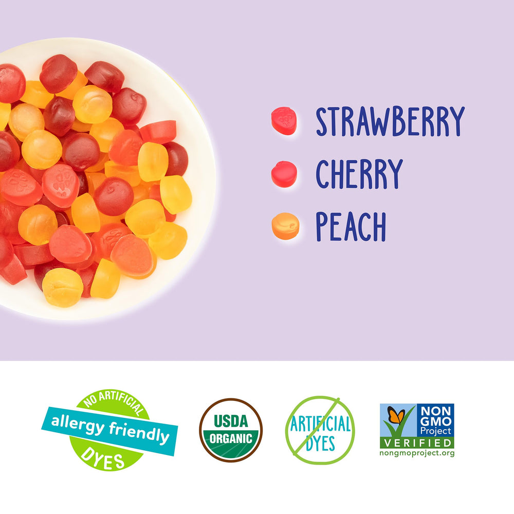 YumEarth etiqueta con sellos USDA Organic y Non-GMO, certificación clara