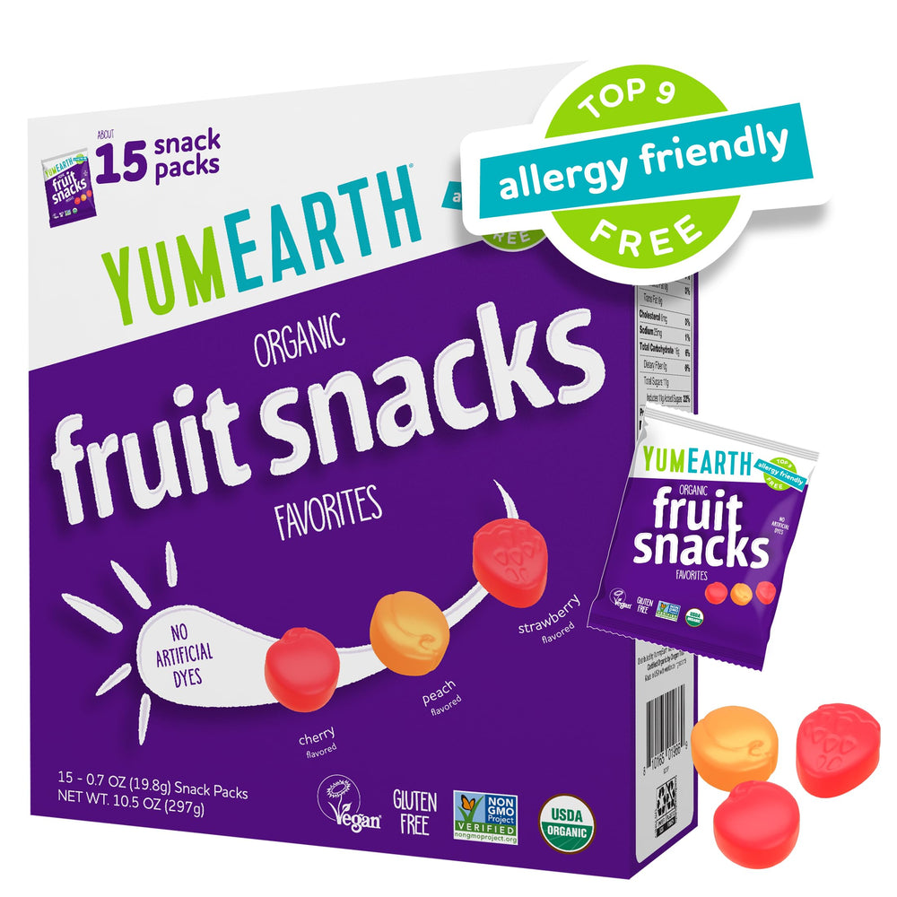 YumEarth paquete frontal mostrando 15 bolsitas individuales, práctico para meriendas