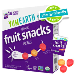 YumEarth paquete frontal mostrando 15 bolsitas individuales, práctico para meriendas