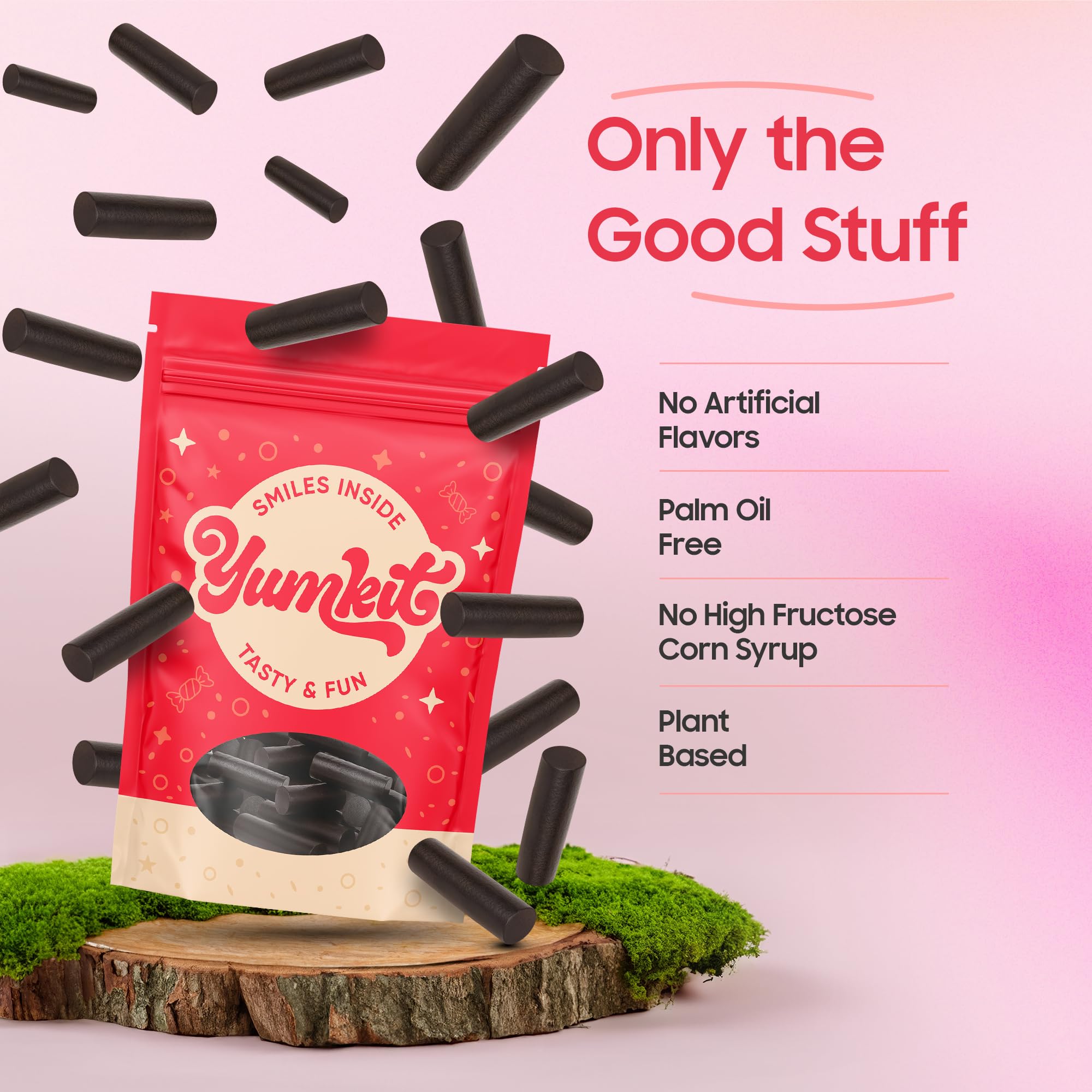 Yumkit piezas de regaliz apiladas listas para servir con sabor auténtico