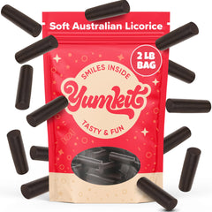 Yumkit paquete frontal de regaliz negro mostrando diseño y peso