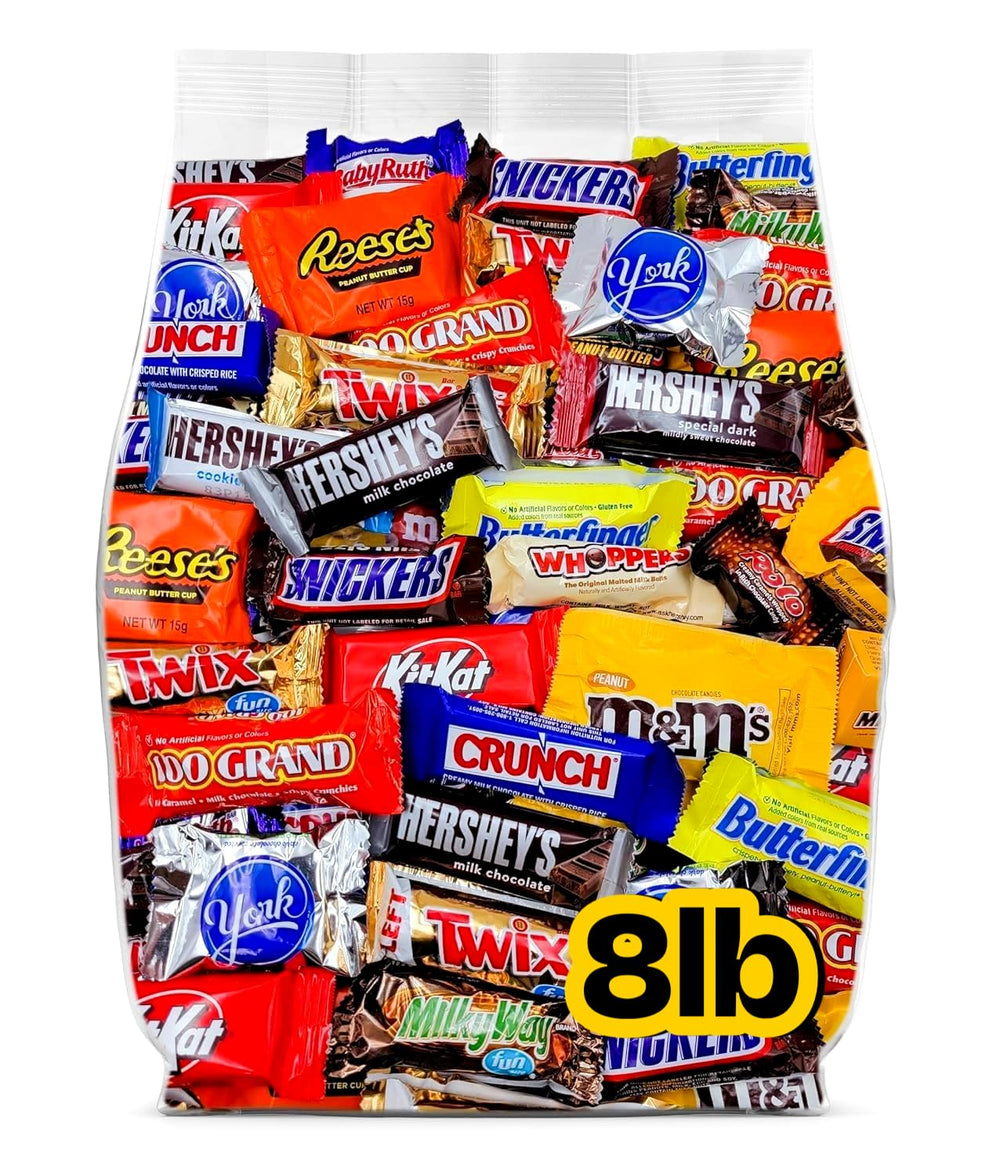 Yummy Chew caja frente mostrando 8 lb de chocolates surtidos para fiestas