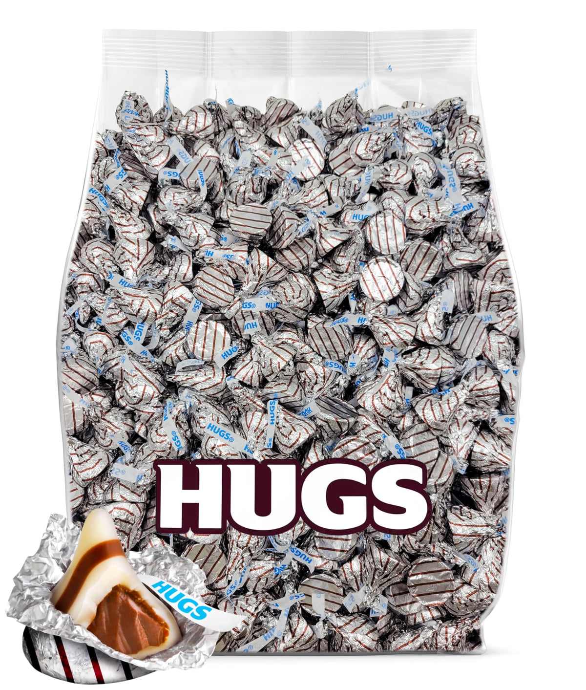 Yummy Chew Hugs envase frontal mostrando bolsa plateada y cantidad