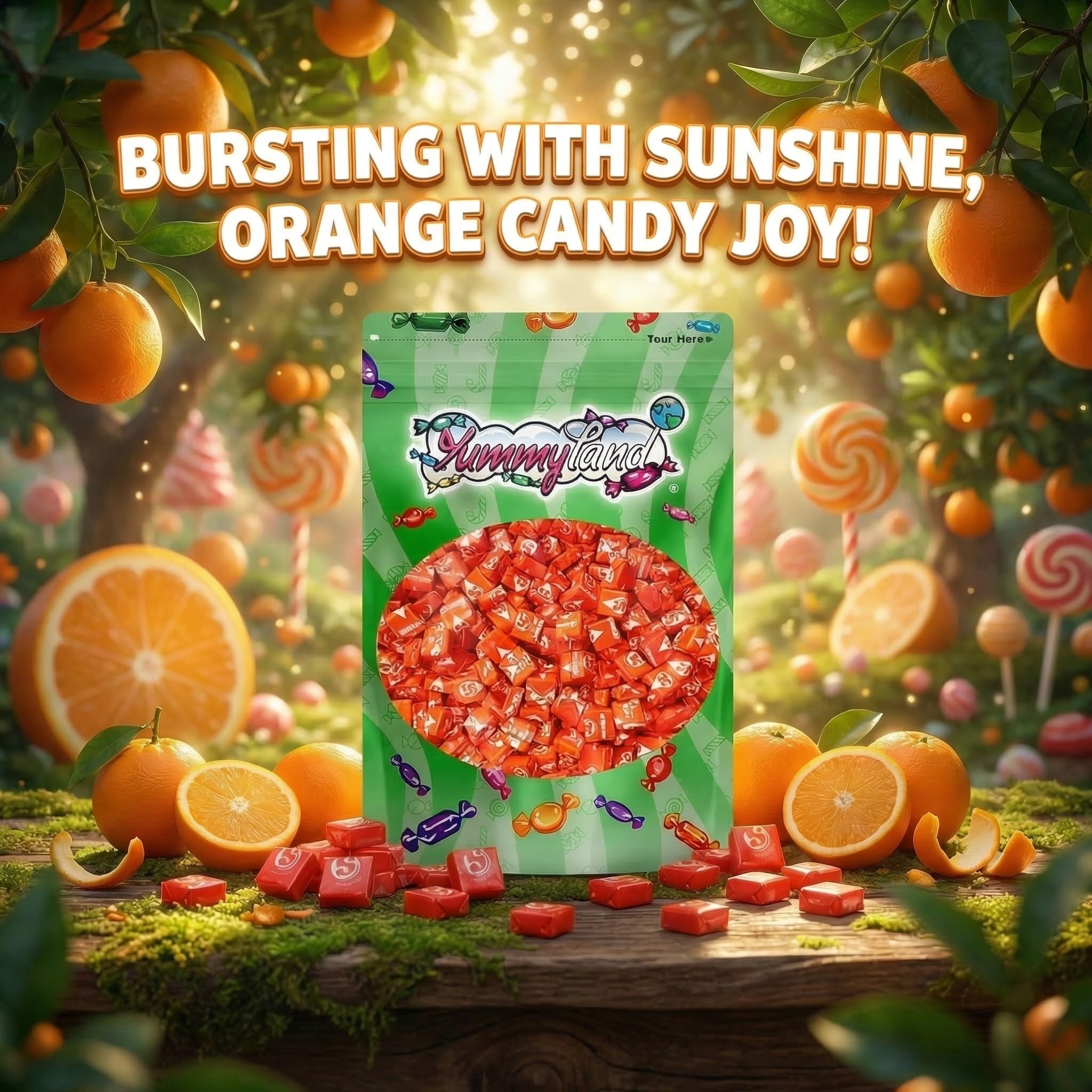 YUMMYLAND primer plano de textura masticable naranja, resalta frescura