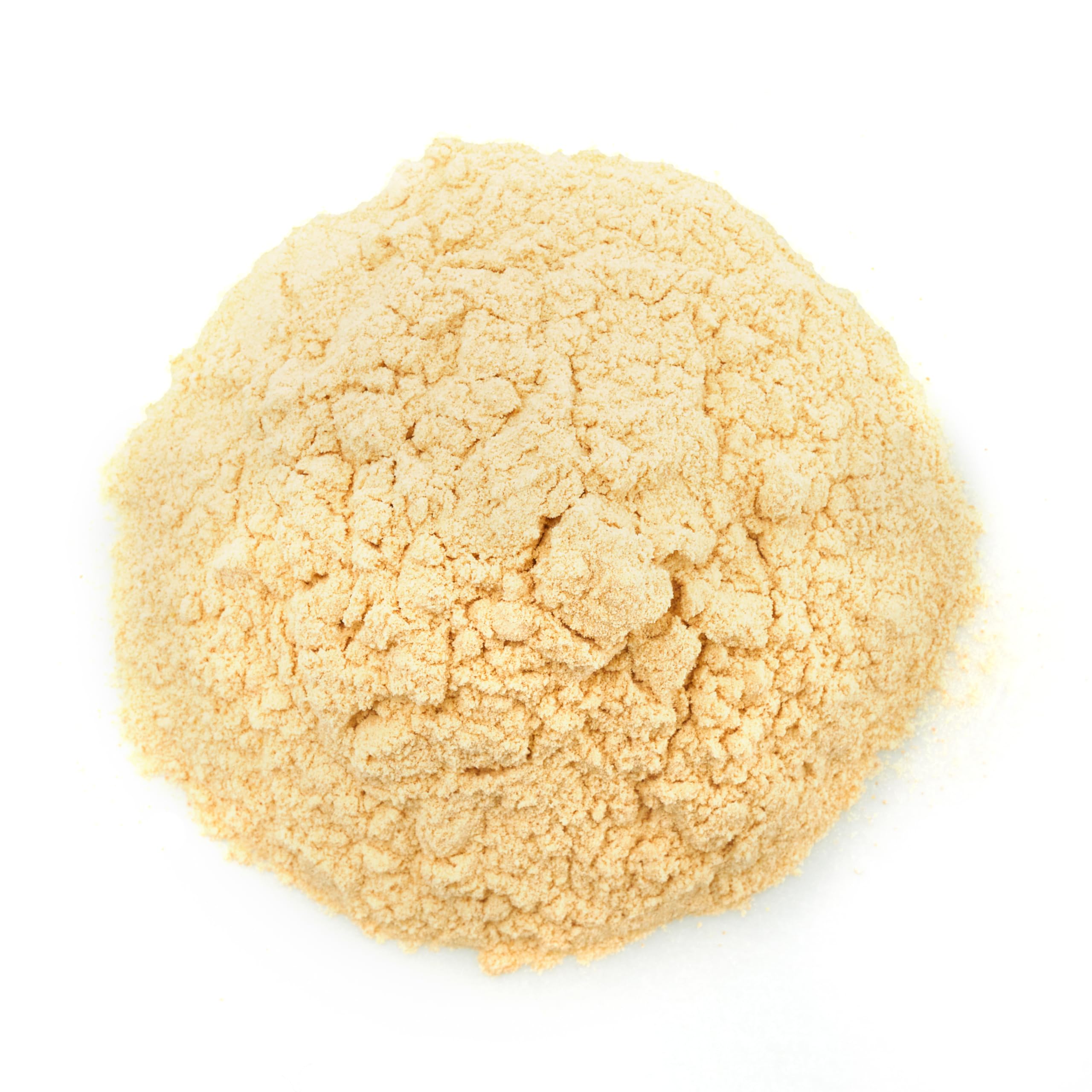 Textura fina del polvo de Yupik lúcuma en cucharada, aspecto cremoso y soluble