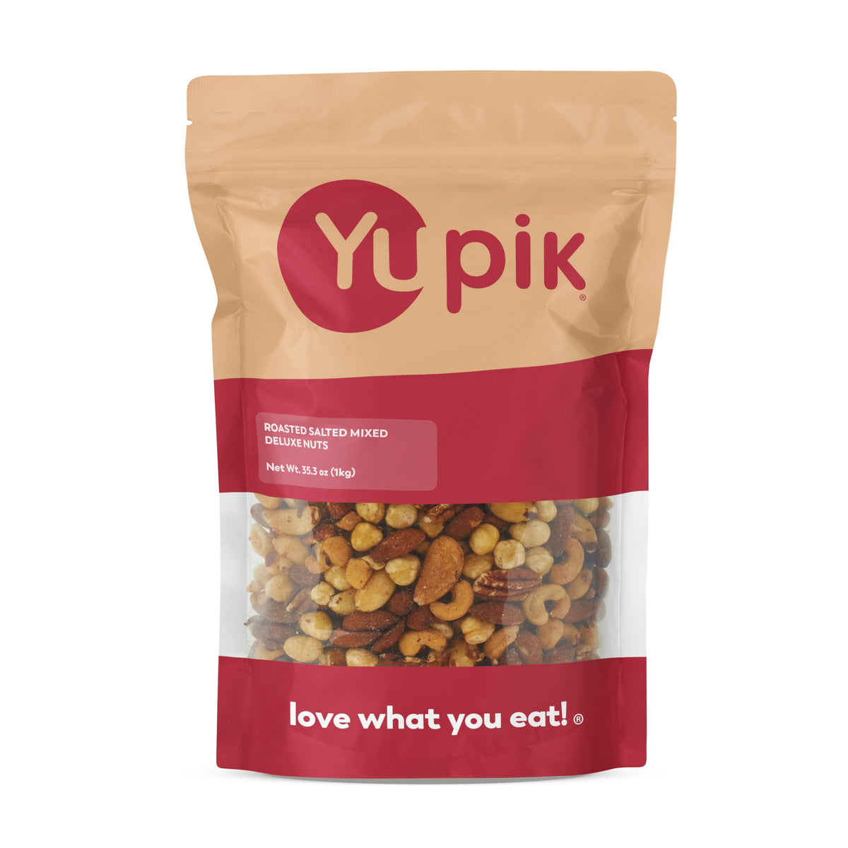 Yupik mezcla de nueces empaquetado frontal mostrando tamaño grande