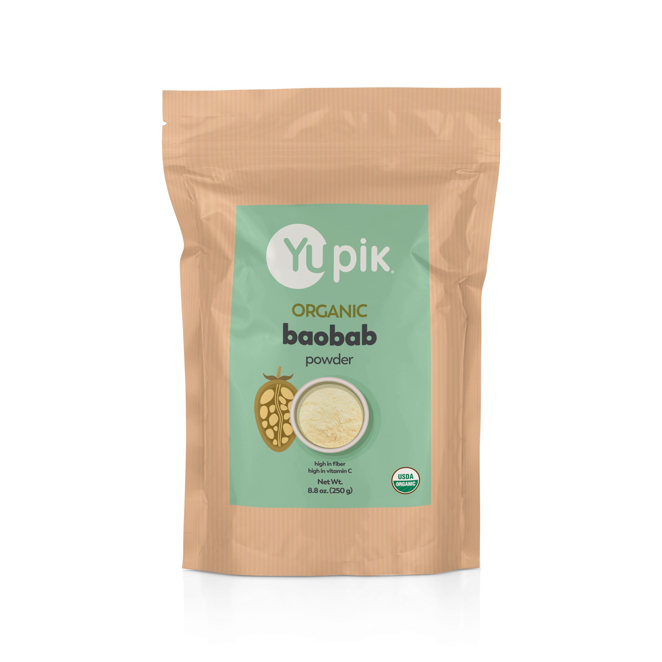 Yupik polvo de baobab envase frontal mostrando tamaño y certificaciones