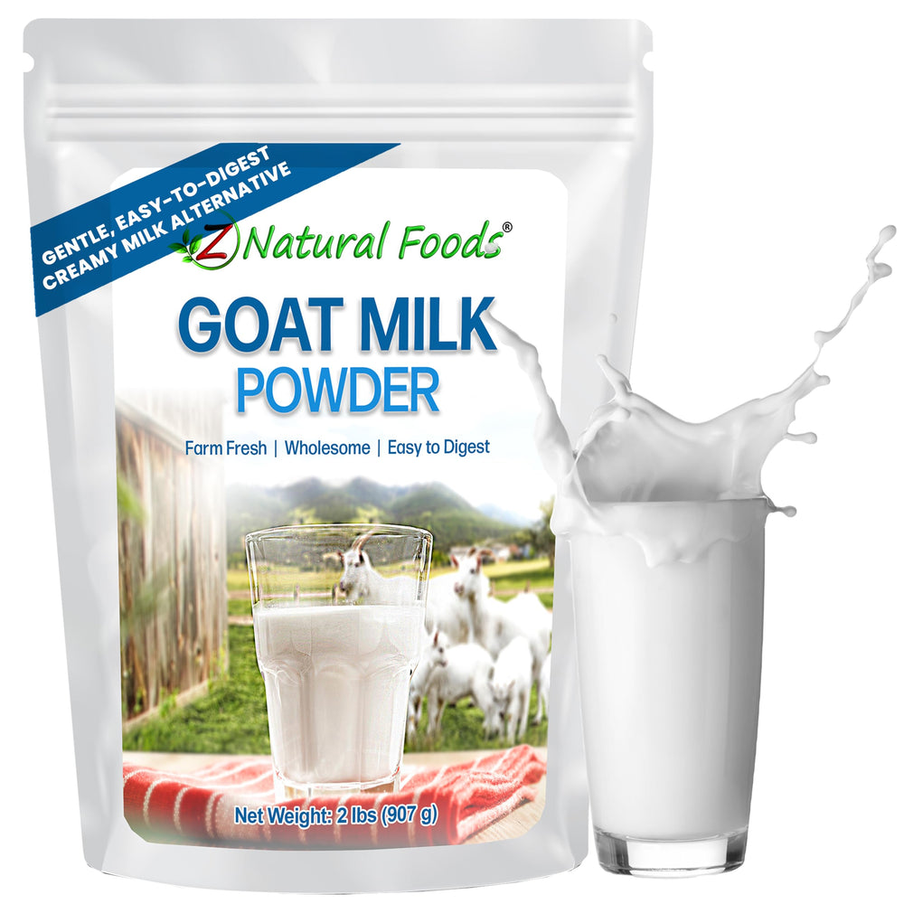 Z Natural Foods envase frontal de leche de cabra en polvo mostrando marca y peso