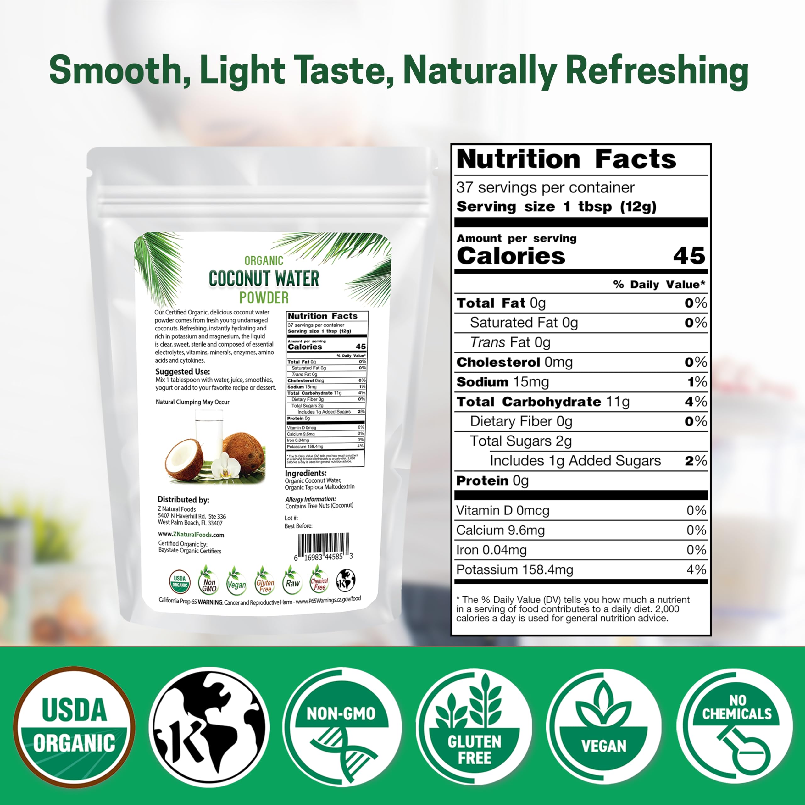 Z Natural Foods textura del polvo cercano, fácil disolución y mezcla