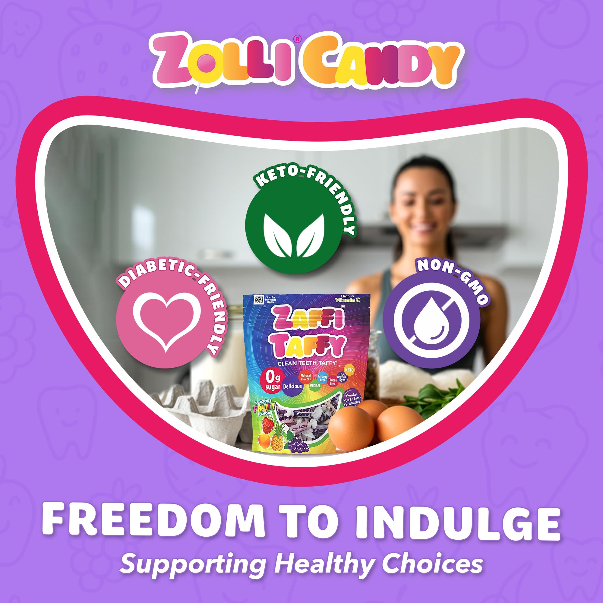 Zollipops zaffi taffy etiqueta que resalta vitamina C y ingredientes clave