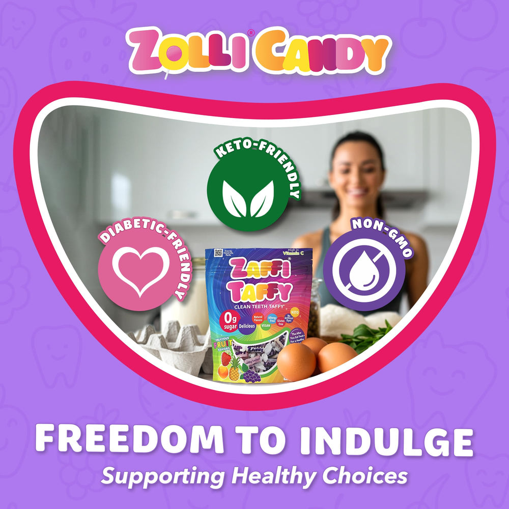 Zollipops zaffi taffy etiqueta que resalta vitamina C y ingredientes clave