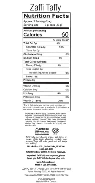 Zollipops zaffi taffy textura masticable que ofrece sabor frutal sin azúcar