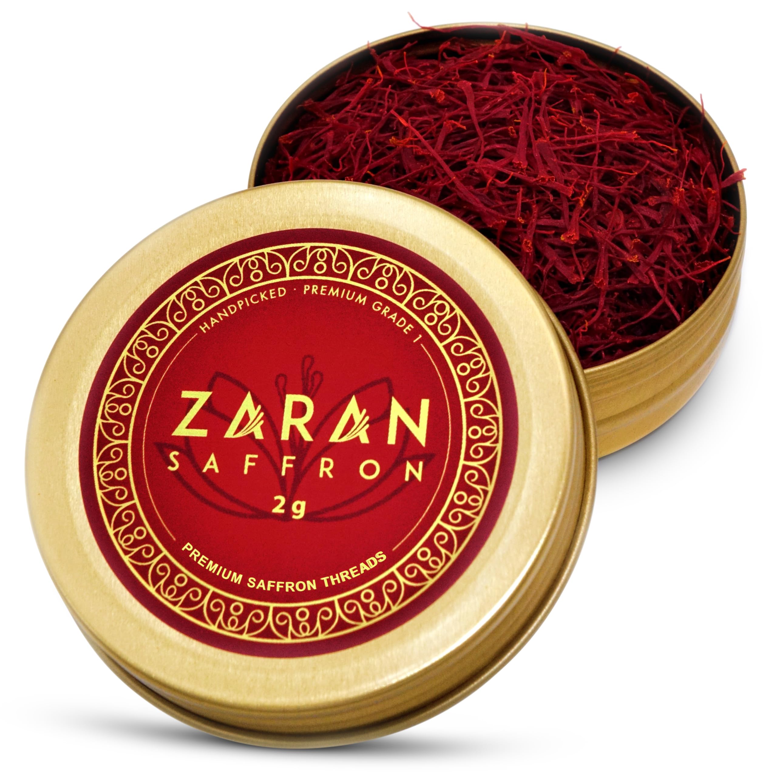 Zaran Saffron frente del empaque mostrando hebras y protección del producto
