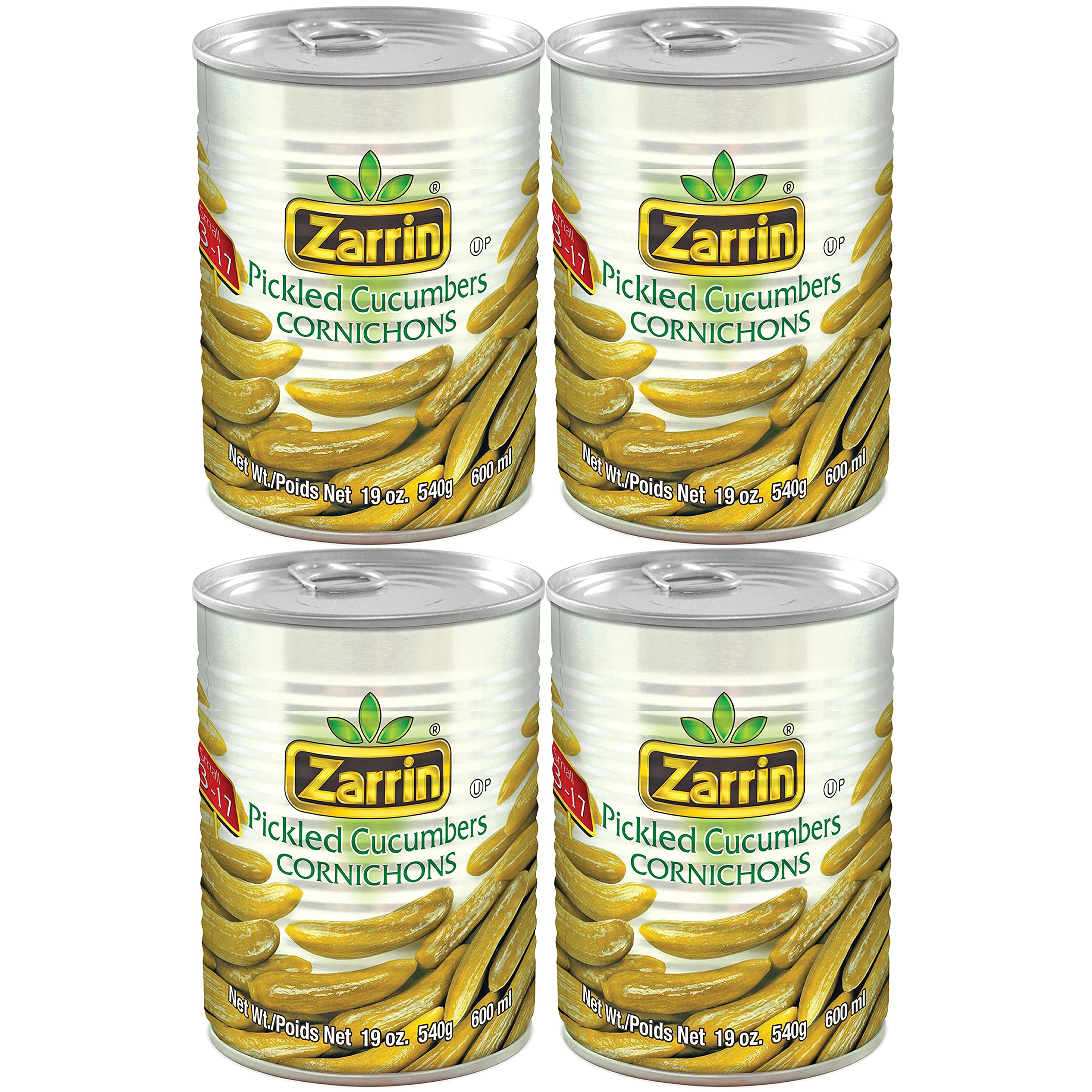 Zarrin envase frontal de cornichons mostrando etiqueta y peso útil
