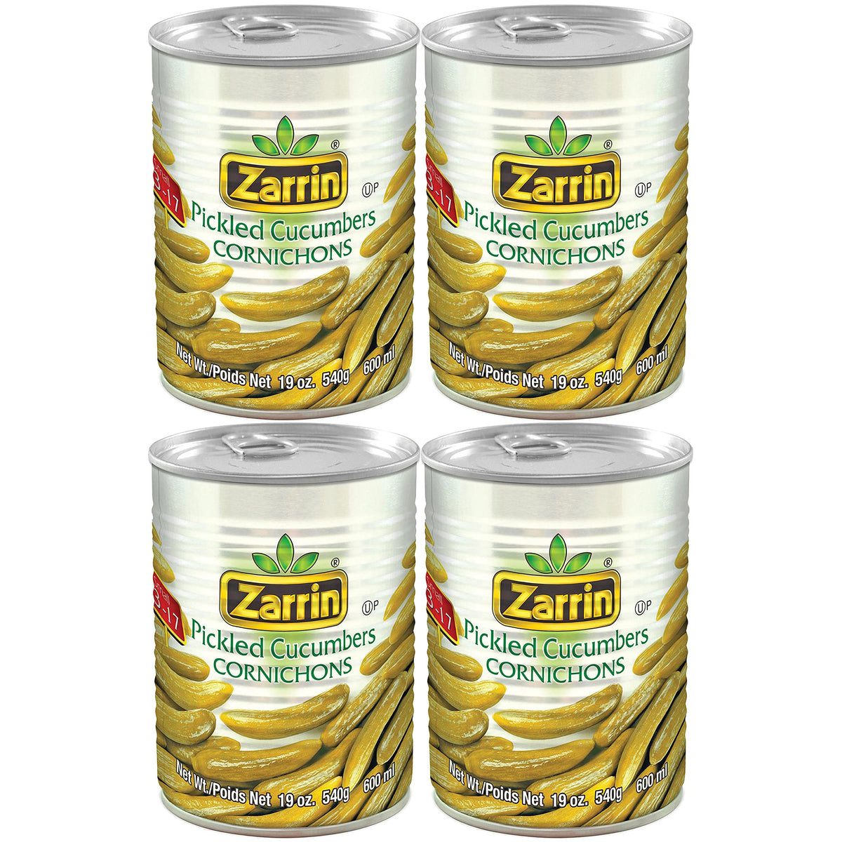 Zarrin envase frontal de cornichons mostrando etiqueta y peso útil