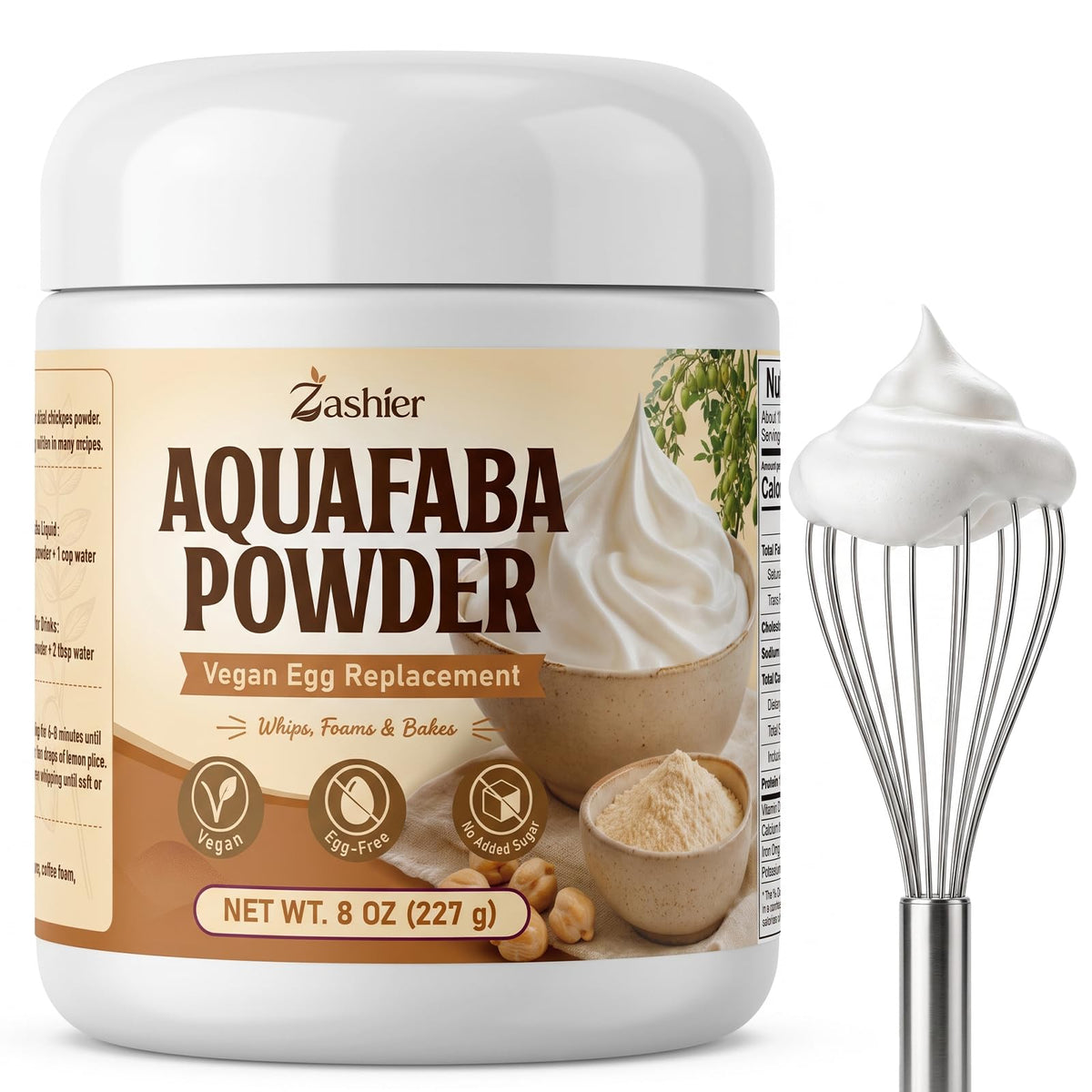 Zashier aquafaba frente del empaque mostrando ingrediente estable en despensa
