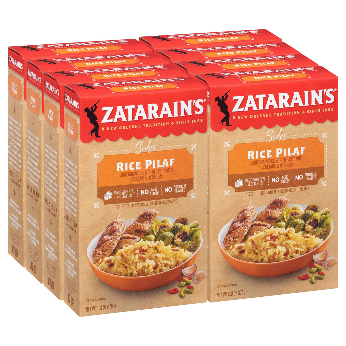 Zatarain's empaque frontal del pilaf mostrando marca y beneficios rápidos