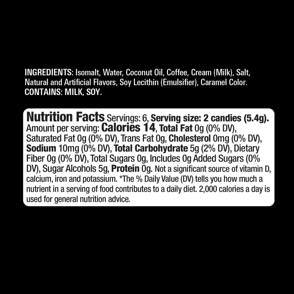 ZERO CANDIES etiqueta de ingredientes destacando café real y crema auténtica