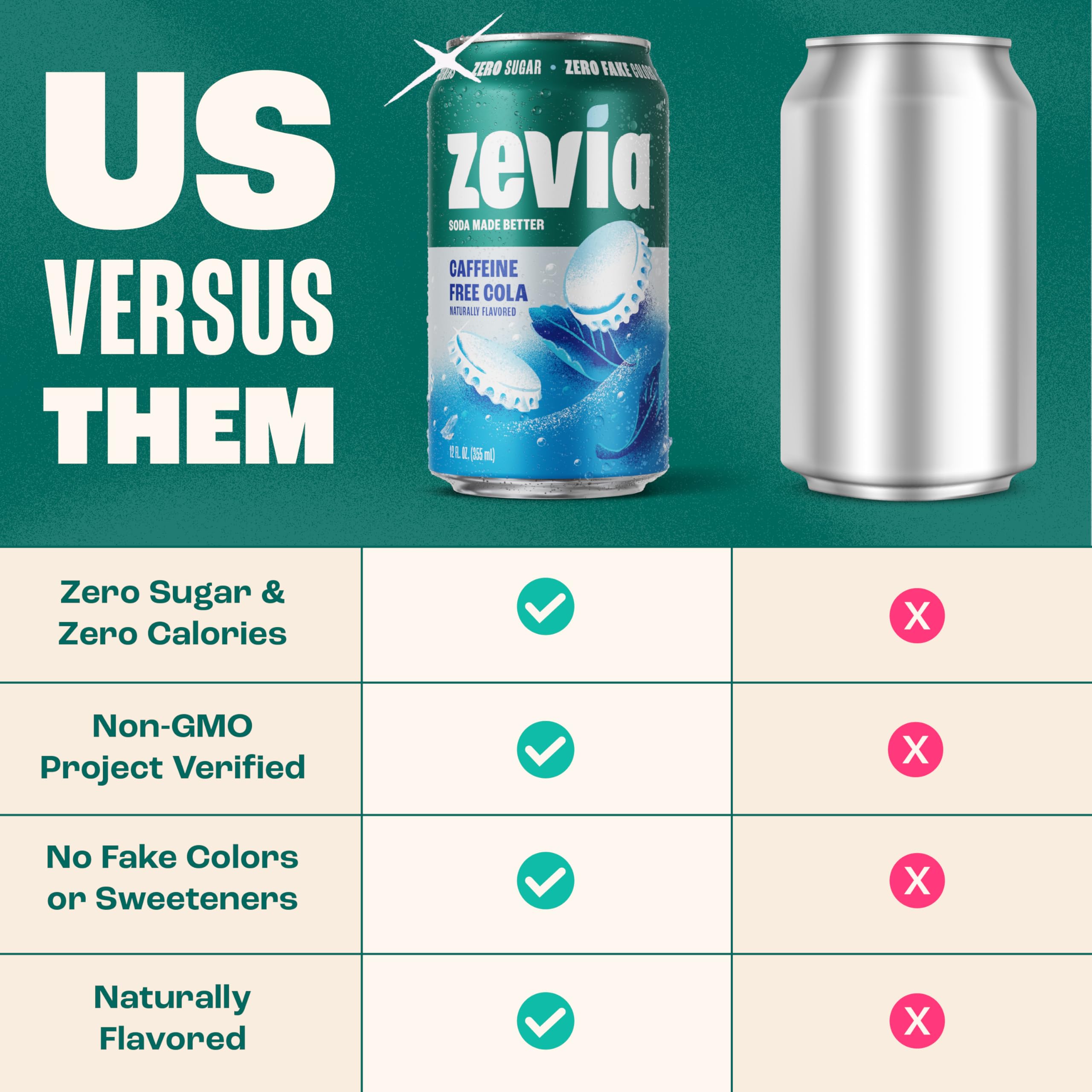 Zevia etiqueta con sellos Non-GMO y sin gluten como ventaja
