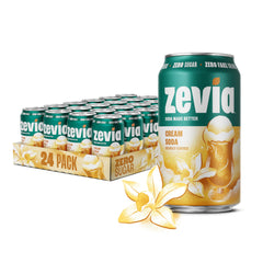 Zevia crema soda frente del pack mostrando 24 latas y etiqueta clara