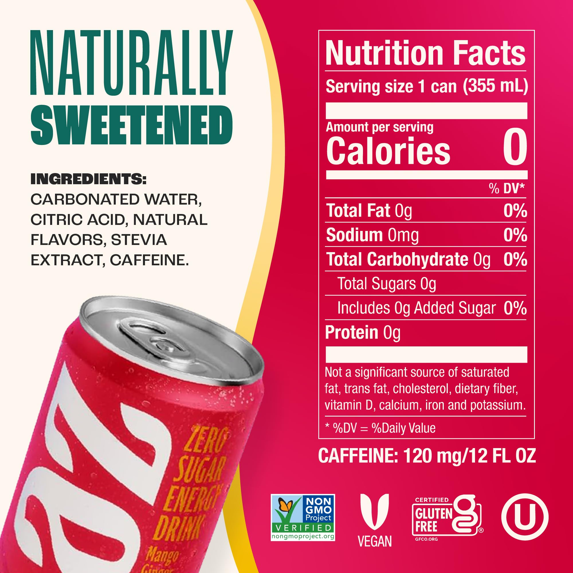 Zevia detalle de etiqueta con certificaciones Non-GMO y sin calorías