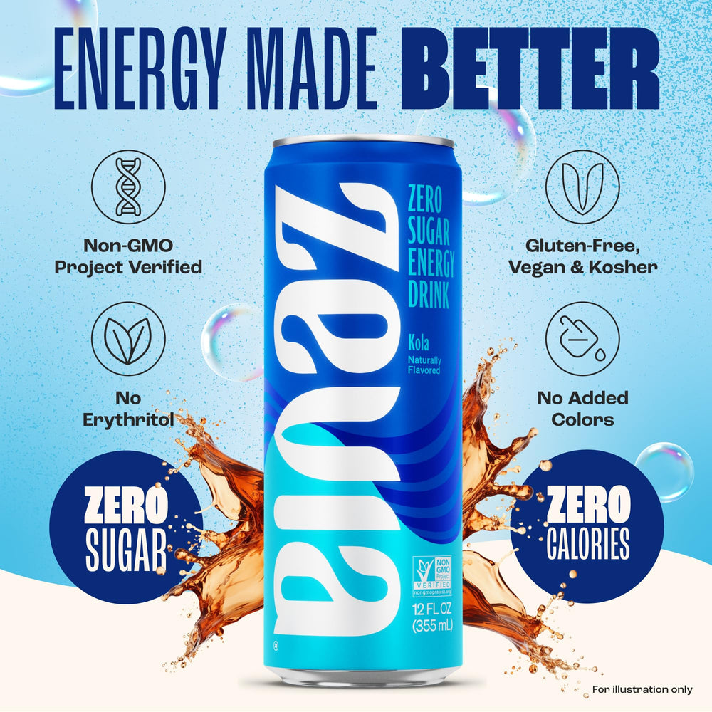 Mano sosteniendo Zevia Kola Energy para mostrar tamaño y conveniencia