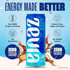 Mano sosteniendo Zevia Kola Energy para mostrar tamaño y conveniencia