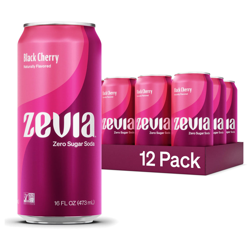 Zevia lata al frente mostrando diseño y sabor black cherry, refresco sin azúcar