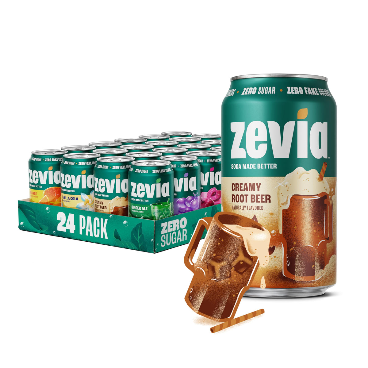 Zevia pack frontal de 24 latas mostrando variedad y conveniencia