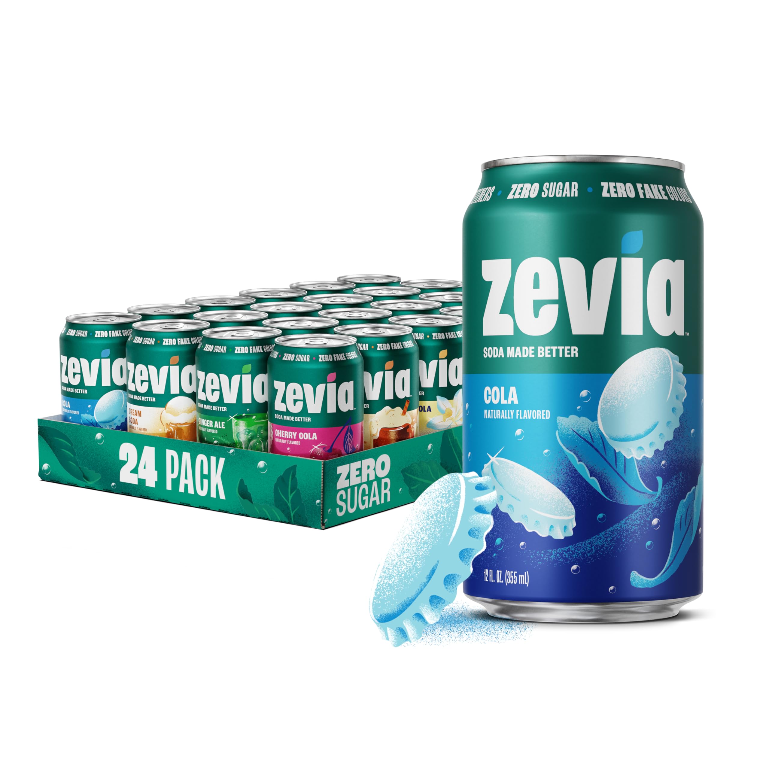 Zevia pack frontal mostrando seis sabores y beneficio de variedad sin azúcar