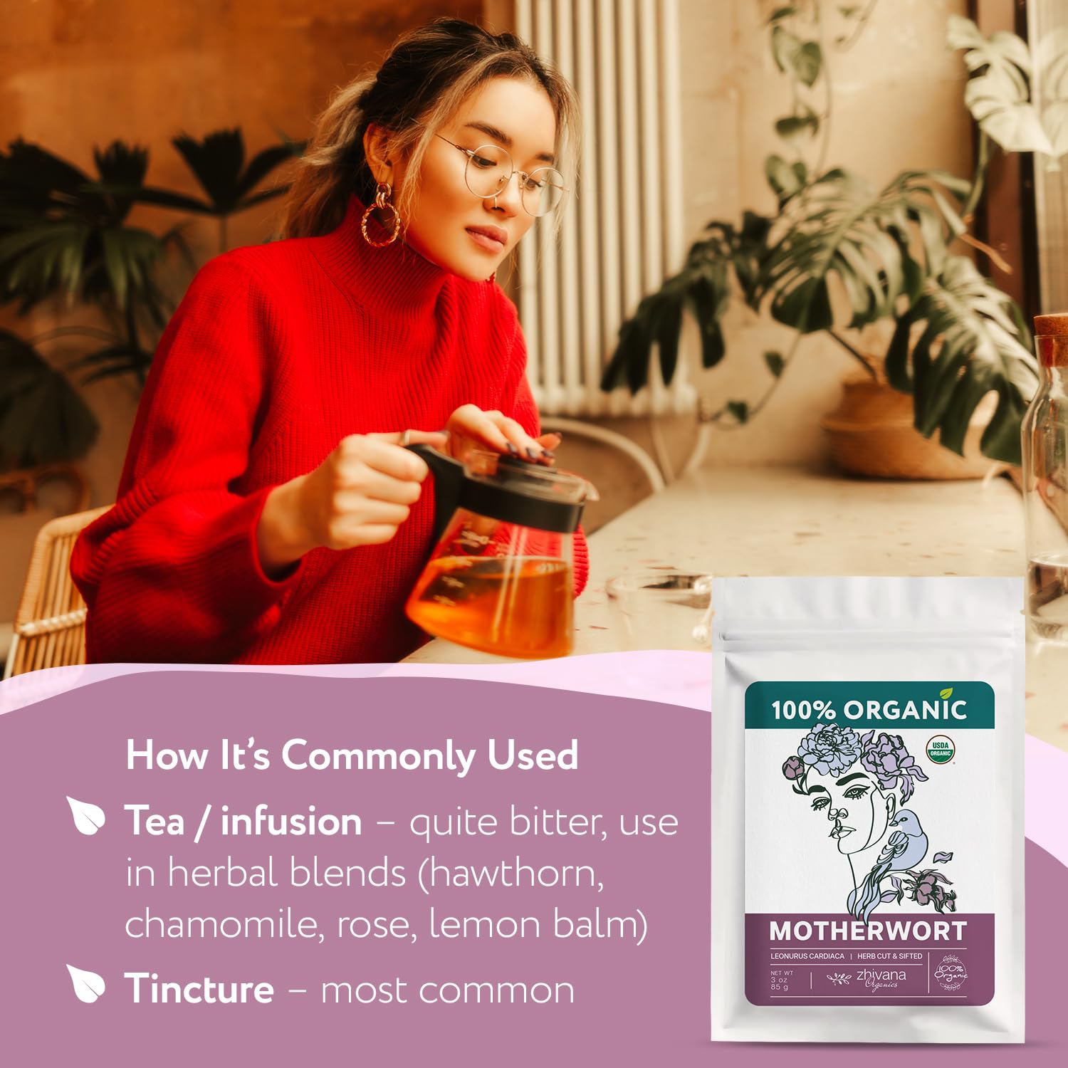 Zhivana Organics vapor sobre taza, aroma herbal reconfortante