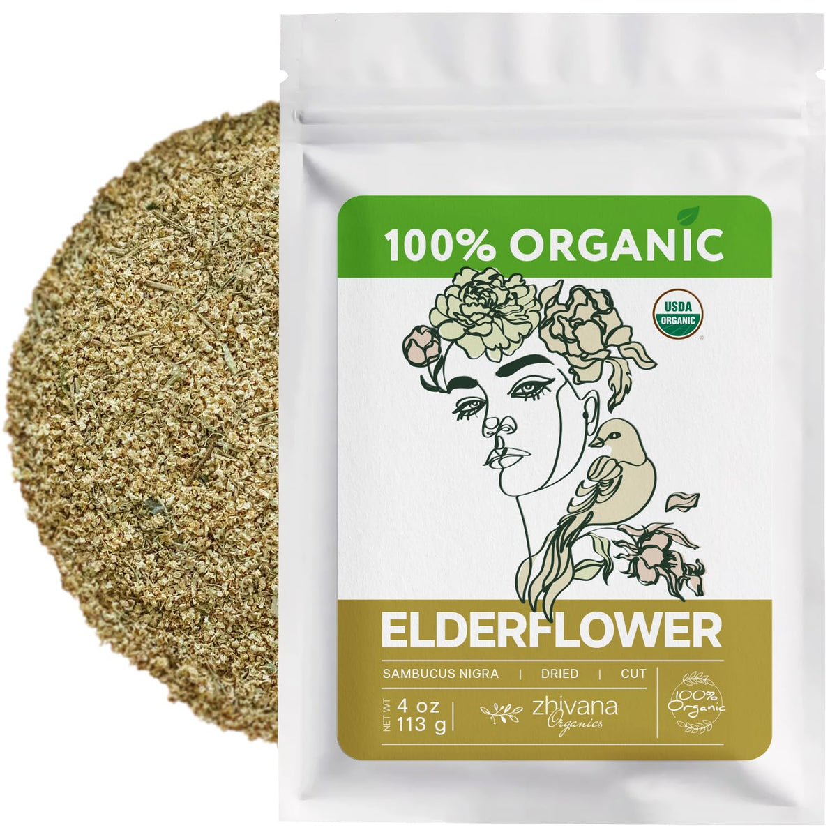 Zhivana Organics paquete frontal mostrando flor de saúco orgánica y claridad